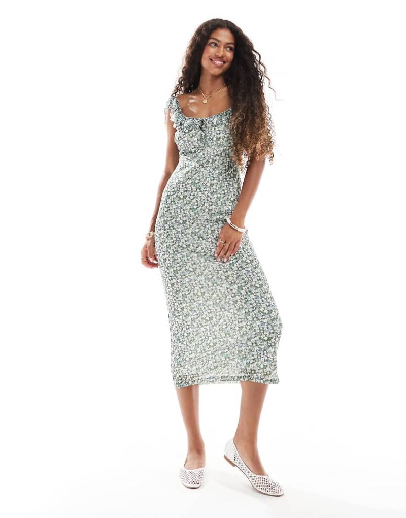 New Look - Midikleid aus Netzstoff in Grün mit Rüschenärmeln und Blümchenmuster von New Look