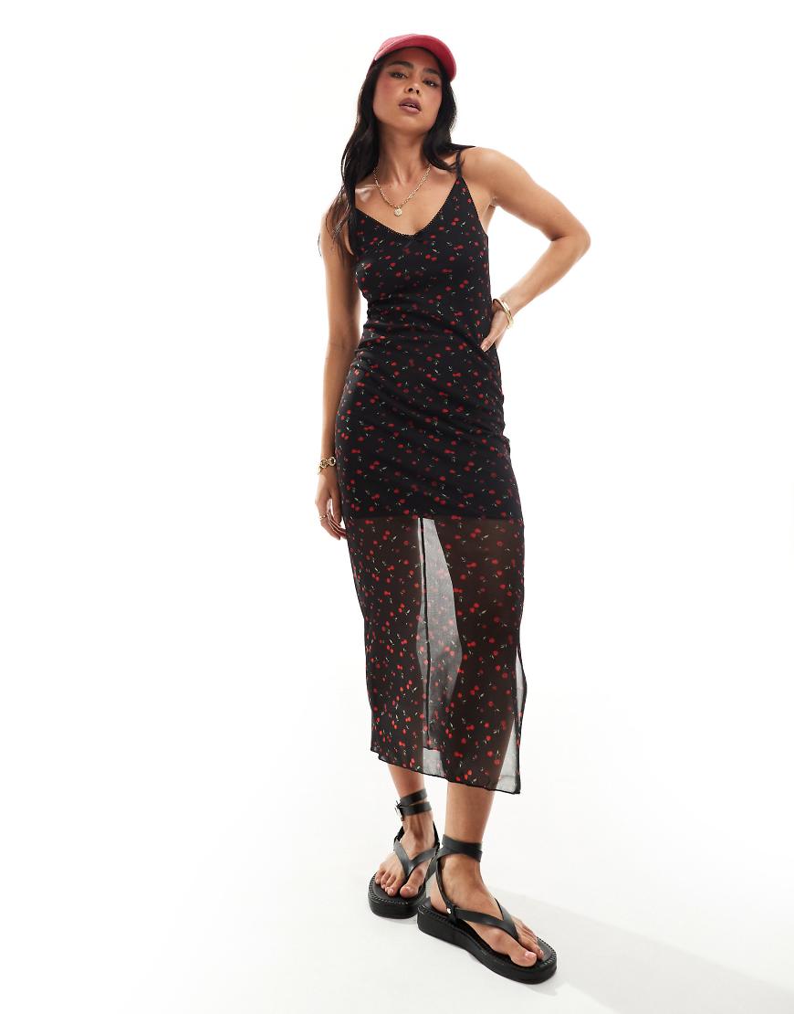 New Look - Midikleid aus Netzstoff mit Riemchenträgern und Kirschmuster-Schwarz von New Look