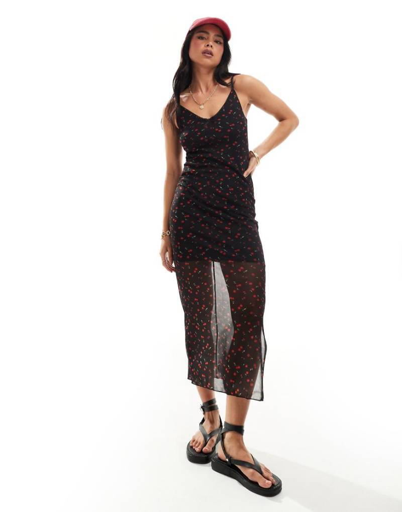 New Look - Midikleid aus Netzstoff mit Riemchenträgern und Kirschmuster-Schwarz von New Look