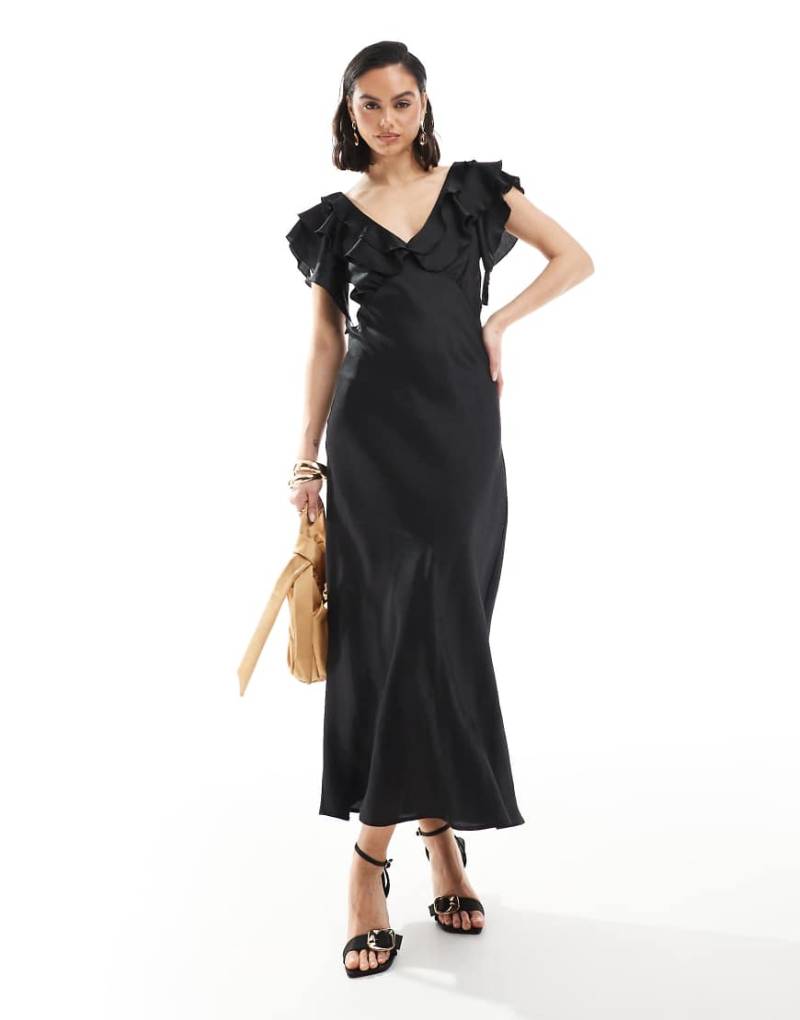 New Look - Midikleid aus Satin in Schwarz mit Rüschenärmeln von New Look