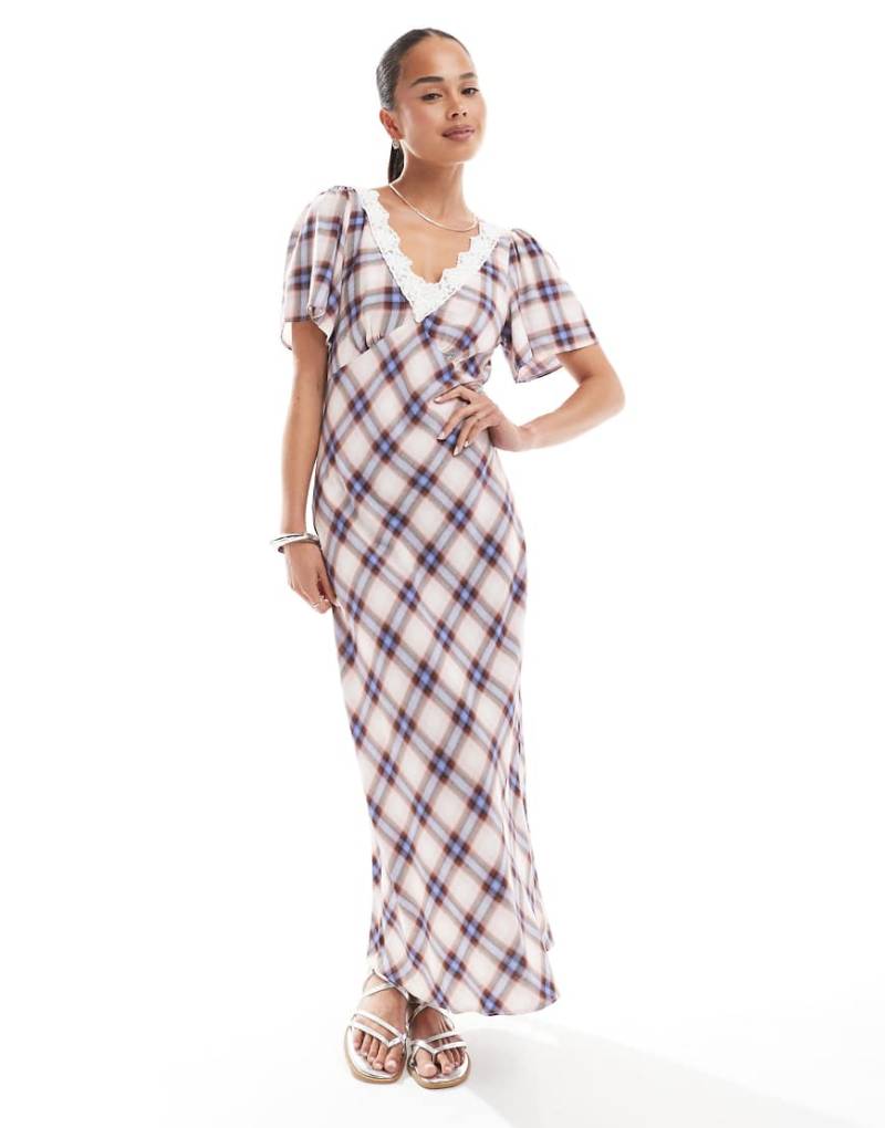 New Look - Midikleid aus Spitze in Cremeweiß kariert mit Flatterärmeln von New Look