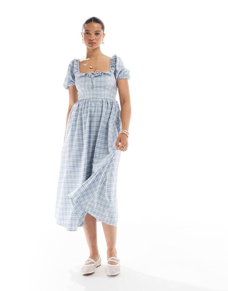 New Look - Midikleid in Blau kariert mit Korsett-Detail von New Look