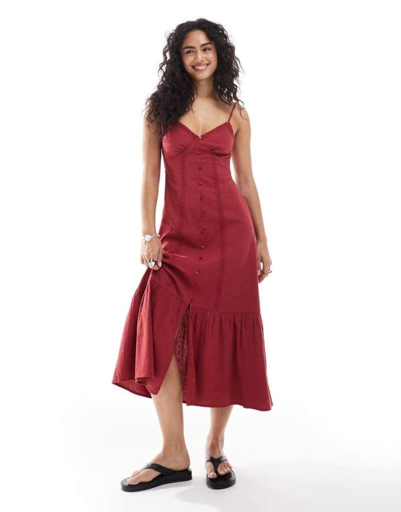 New Look - Midikleid in Burgunderrot mit durchgehender Knopfleiste von New Look