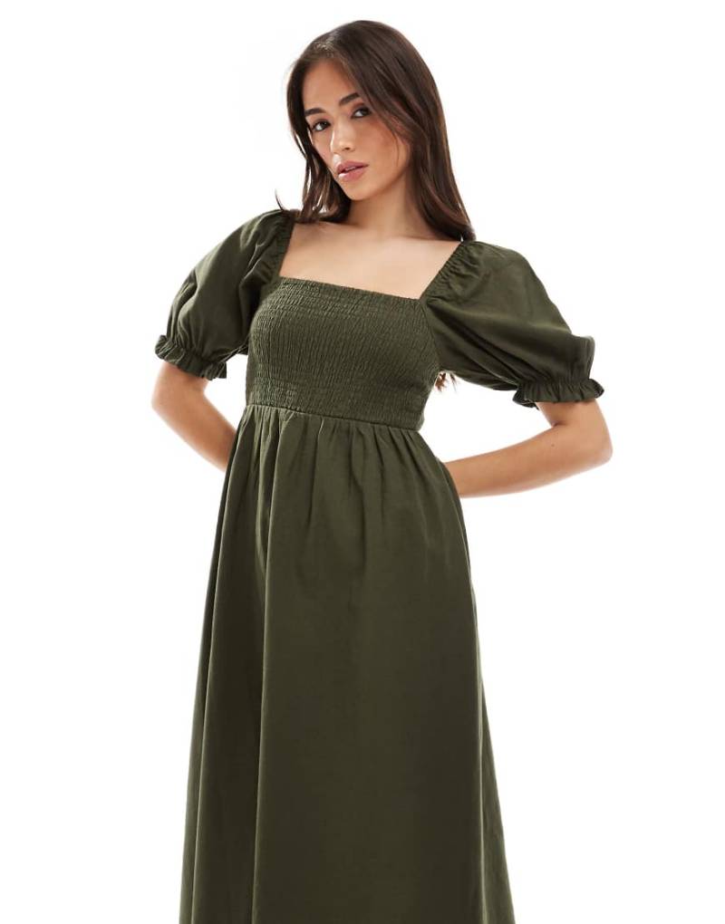 New Look - Midikleid in Khaki mit Milchmädchen-Ausschnitt und Puffärmeln-Grün von New Look