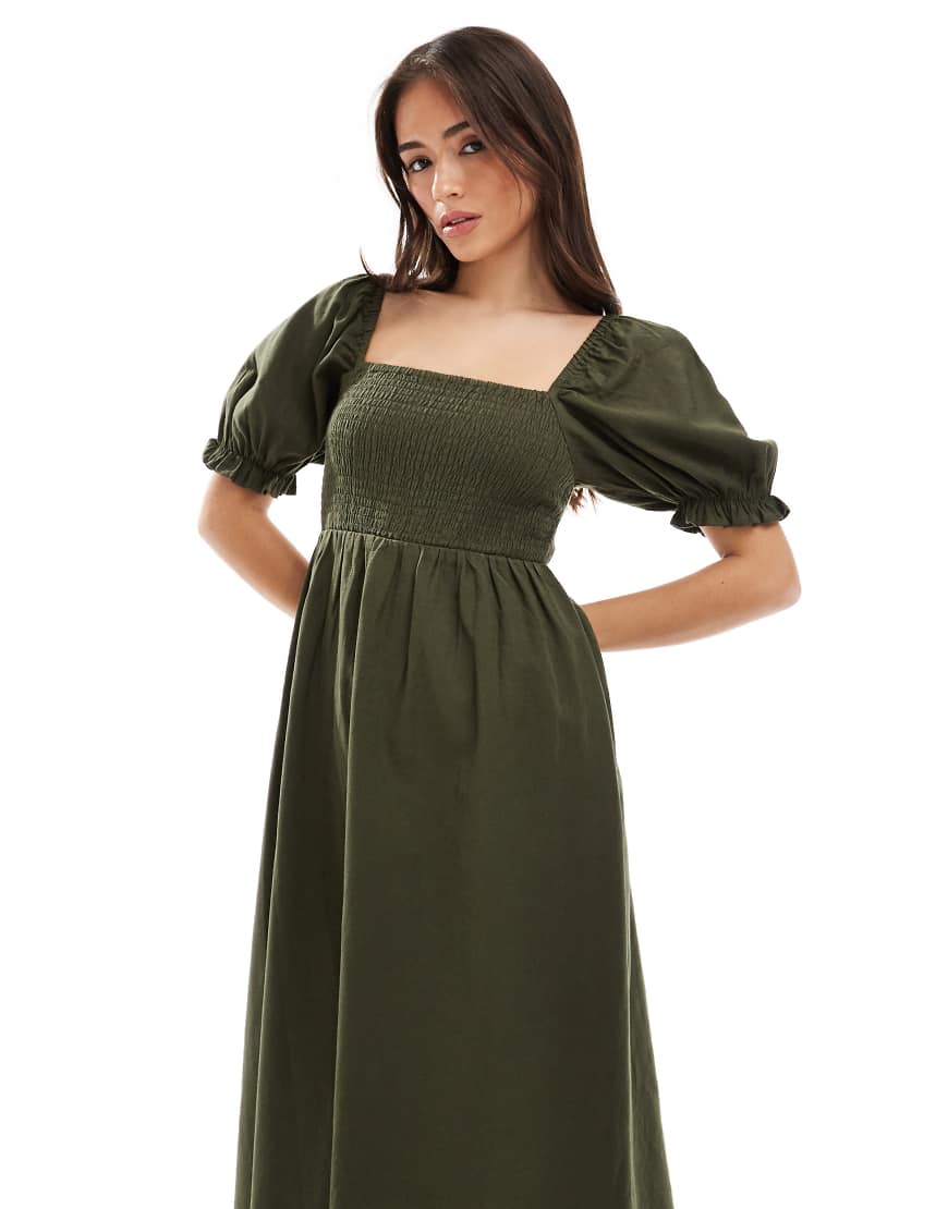 New Look - Midikleid in Khaki mit Milchmädchen-Ausschnitt und Puffärmeln-Grün von New Look