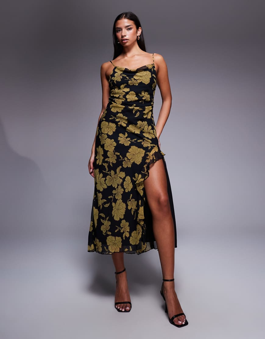 New Look - Midikleid in Schwarz mit Blumenmuster und Wasserfallausschnitt von New Look