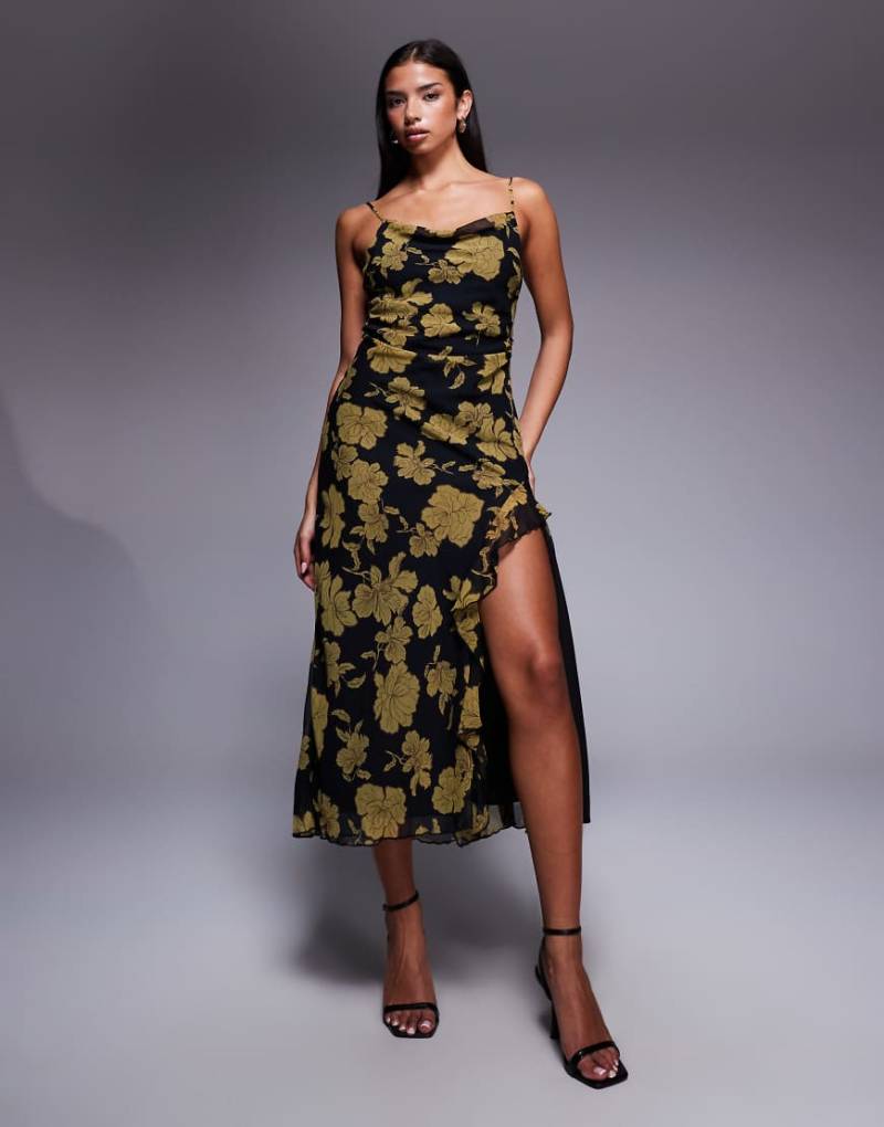 New Look - Midikleid in Schwarz mit Blumenmuster und Wasserfallausschnitt von New Look