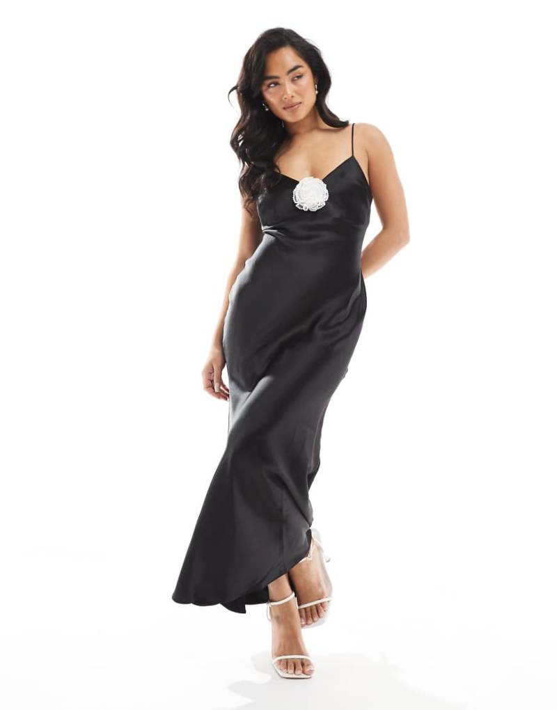 New Look - Midikleid in Schwarz mit perlenverzierter Ansteckblume von New Look