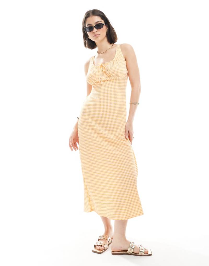 New Look - Milchmädchen-Midikleid in Orange mit Vichy-Karo und Knitterstruktur von New Look