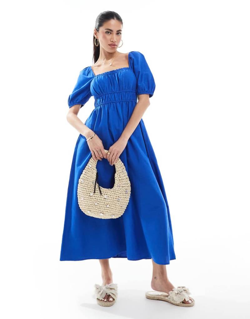 New Look - Milchmädchenkleid in Blau mit Puffärmeln von New Look