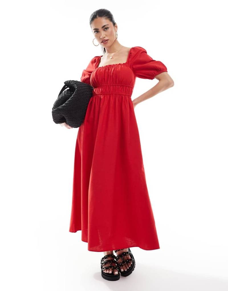 New Look - Milchmädchenkleid in Rot mit Puffärmeln von New Look
