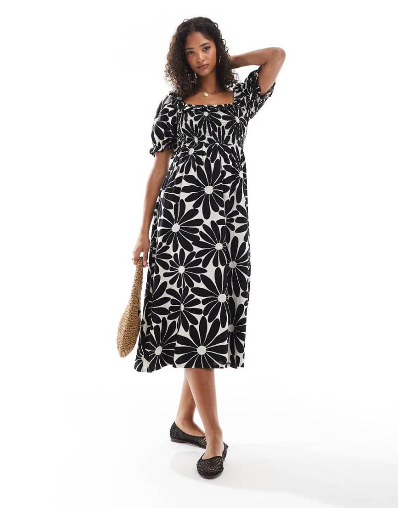 New Look - Milchmädchenkleid in Schwarz mit Puffärmeln und Blumenmuster-Weiß von New Look
