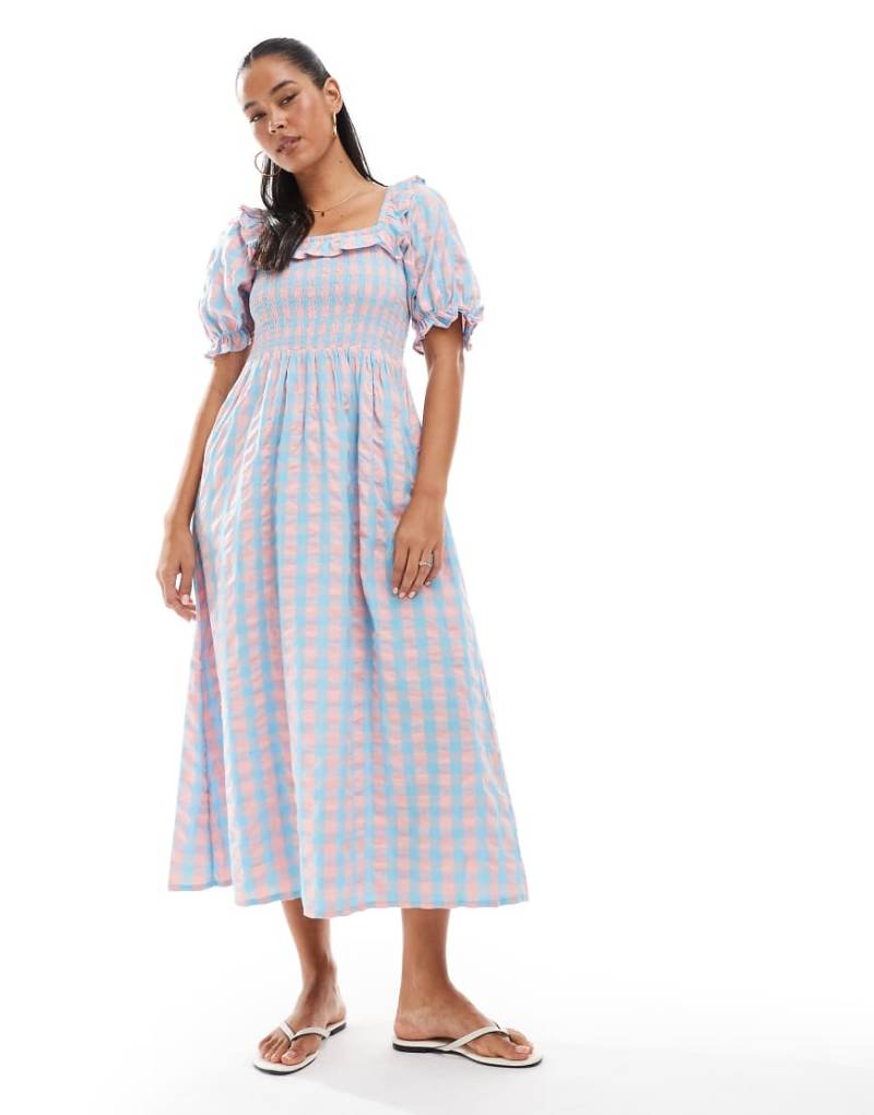 New Look - Milchmädchenkleid mit Puffärmeln und Vichy-Karomuster in Blau und Rosa von New Look
