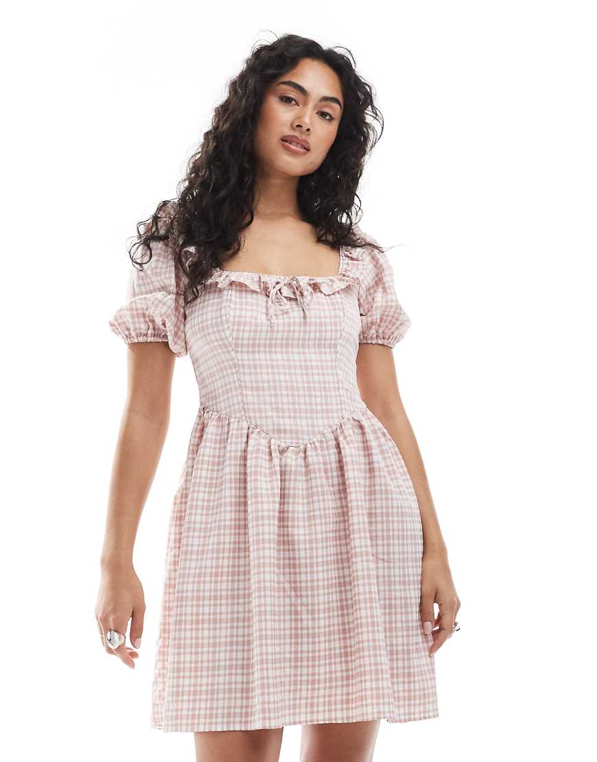 New Look - Minikleid in Rosa kariert mit Korsettdetail von New Look