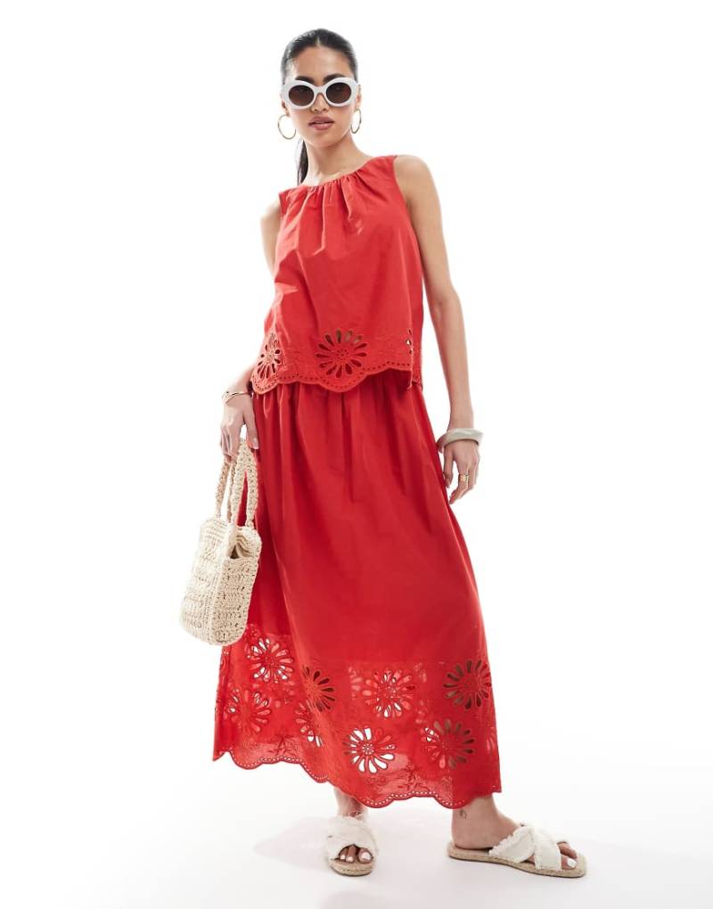 New Look - Midirock in Rot mit Stickerei-Saum, Kombiteil von New Look