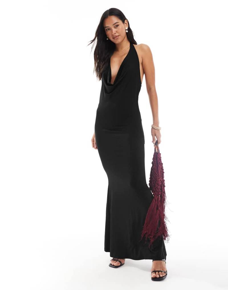 New Look - Neckholder-Maxikleid in Schwarz mit Wasserfallausschnitt von New Look