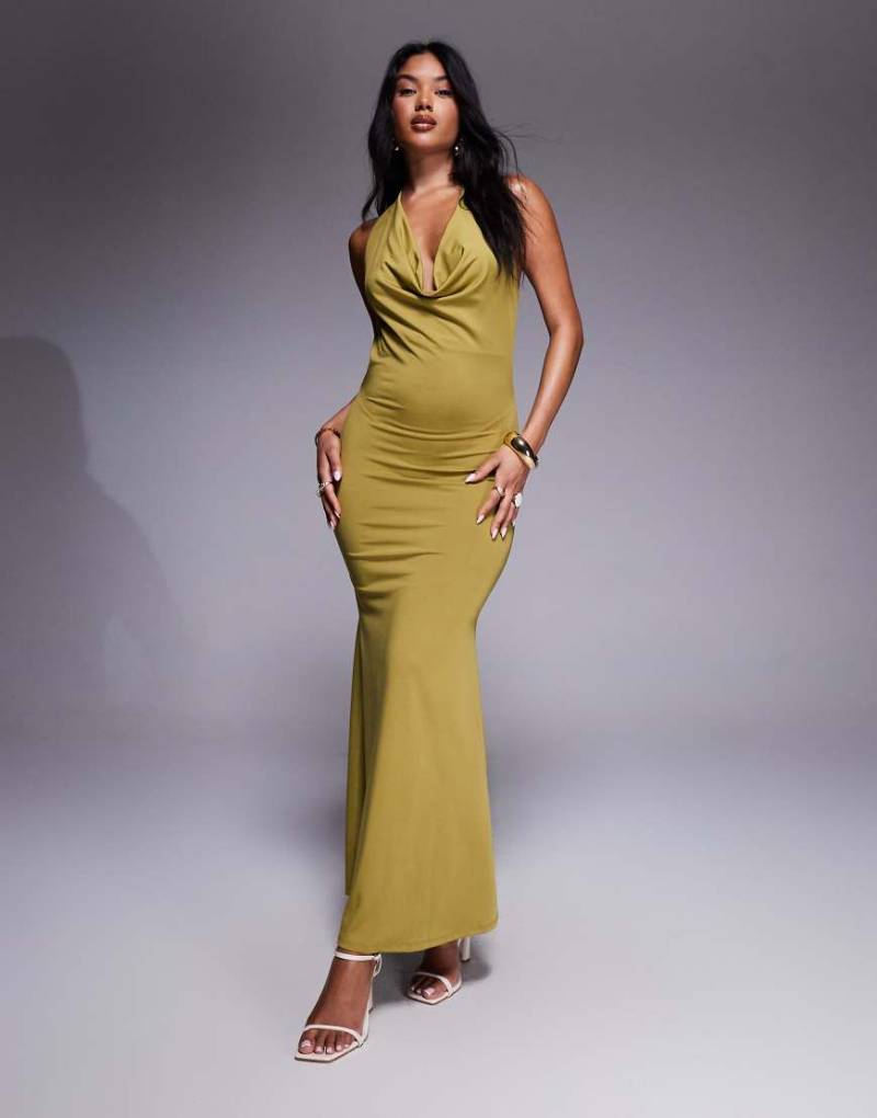 New Look - Neckholder-Maxikleid in hellem Khaki mit Wasserfallausschnitt-Grün von New Look