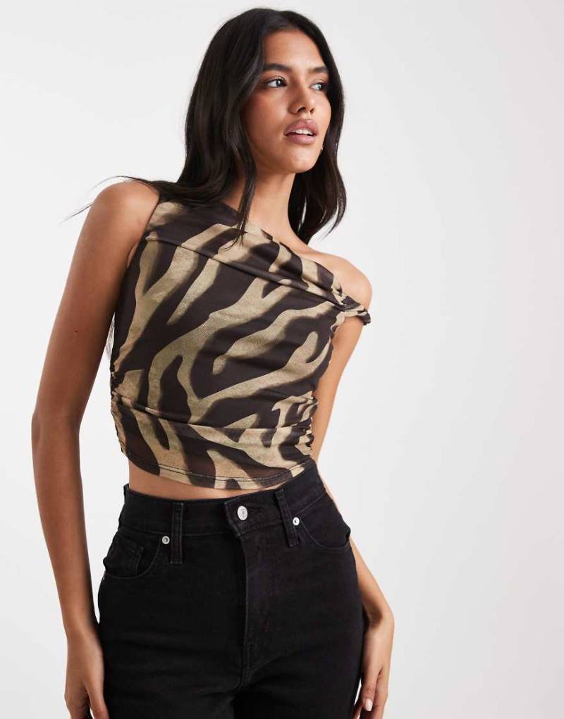 New Look - Oberteil in Braun mit abfallender Schulterpartie und Zebramuster-Brown von New Look