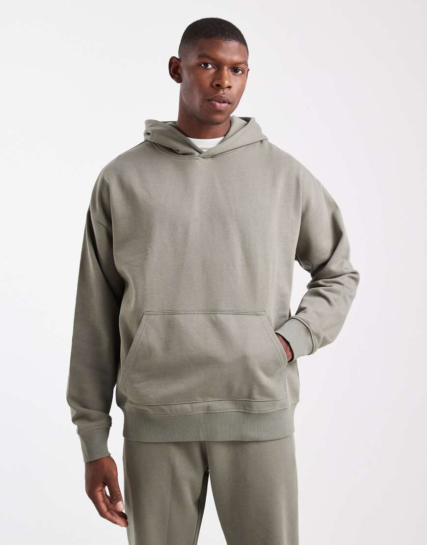 New Look - Oversize-Kapuzenpullover in dunklem Khaki, 300 g/m²-Grün von New Look
