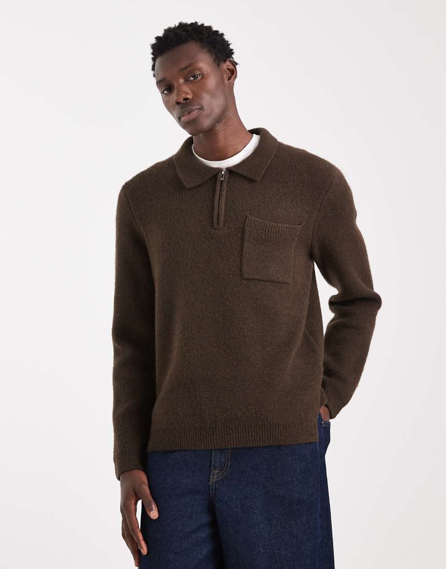 New Look - Polo-Pullover in Dunkelbraun mit kurzem Reißverschluss-Brown von New Look