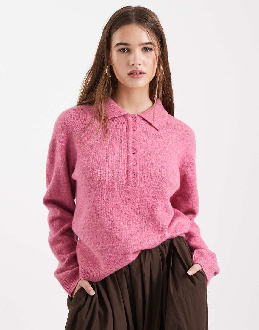 New Look - Polo-Pullover in Rosa mit Knopfleiste von New Look
