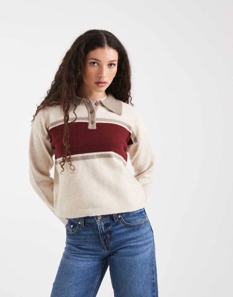 New Look - Polopullover in Creme mit Farbblock-Design-Weiß von New Look