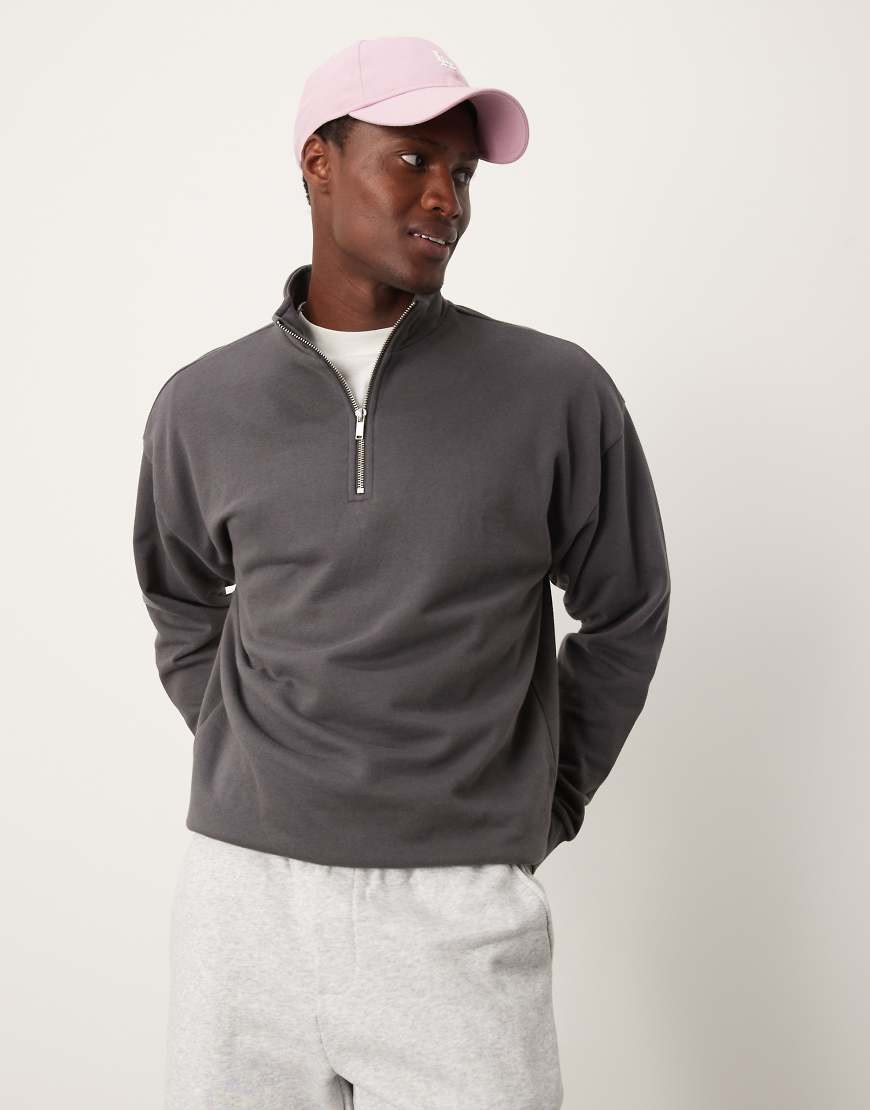 New Look - Pullover in Dunkelgrau mit kurzem Reißverschluss und Stehkragen von New Look