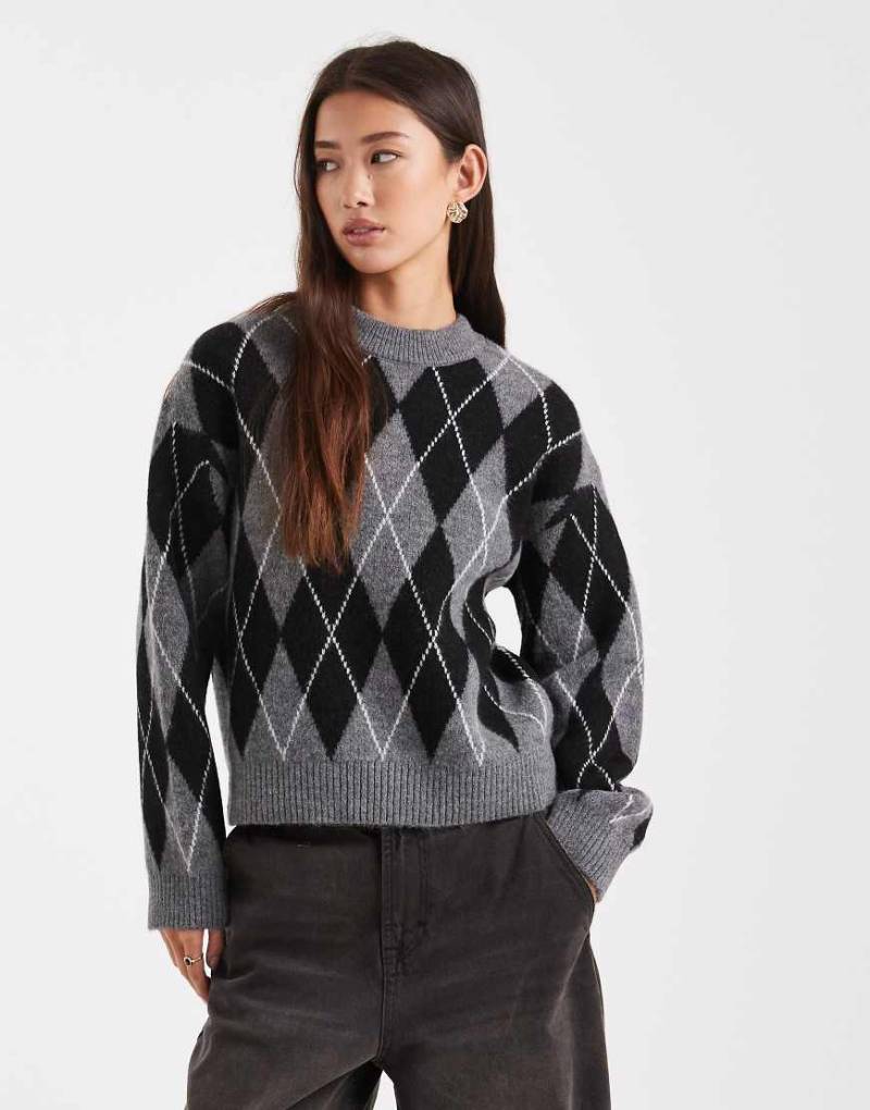 New Look - Pullover in Grau mit Rundhalsausschnitt und Rautenmuster von New Look