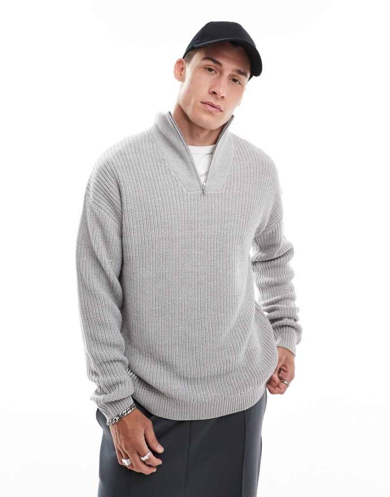 New Look - Pullover in Hellgrau mit Patentmuster und kurzem Reißverschluss von New Look