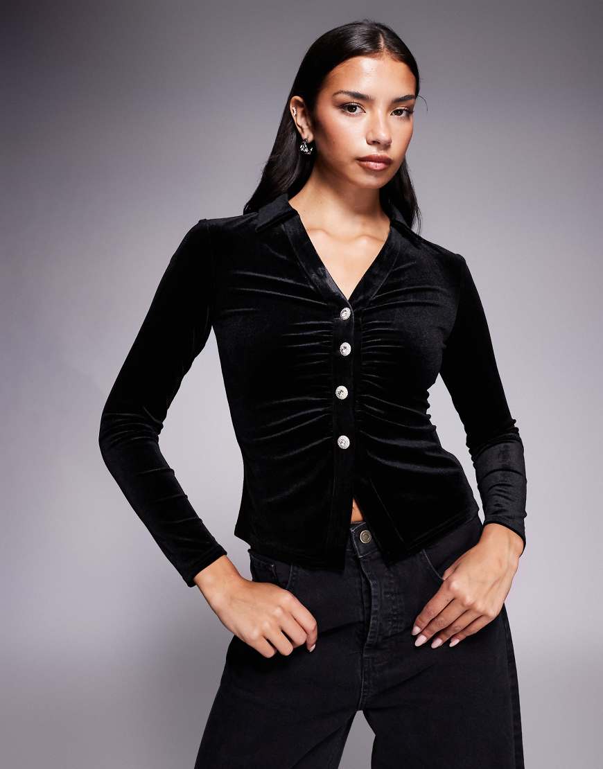 New Look - Samt-Hemdbluse in Schwarz mit Strassknöpfen von New Look
