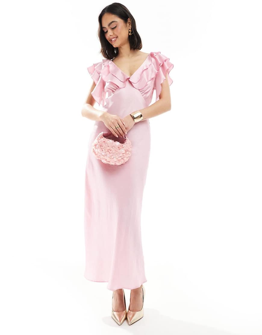 New Look - Satin-Midikleid in Rosa mit Rüschenärmeln von New Look