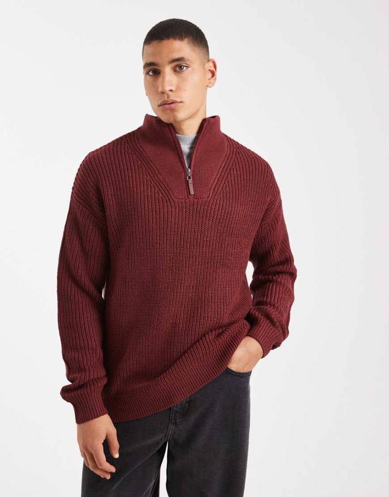 New Look - Strickpullover in Burgunderrot mit Patentmuster und kurzem Reißverschluss von New Look