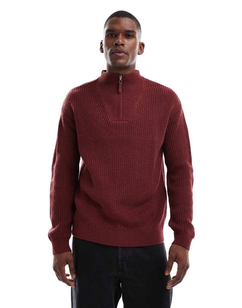 New Look - Strickpullover in Burgunderrot mit Patentmuster und kurzem Reißverschluss von New Look