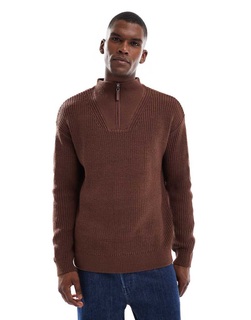 New Look - Strickpullover in Dunkelbraun mit Patentmuster und kurzem Reißverschluss von New Look