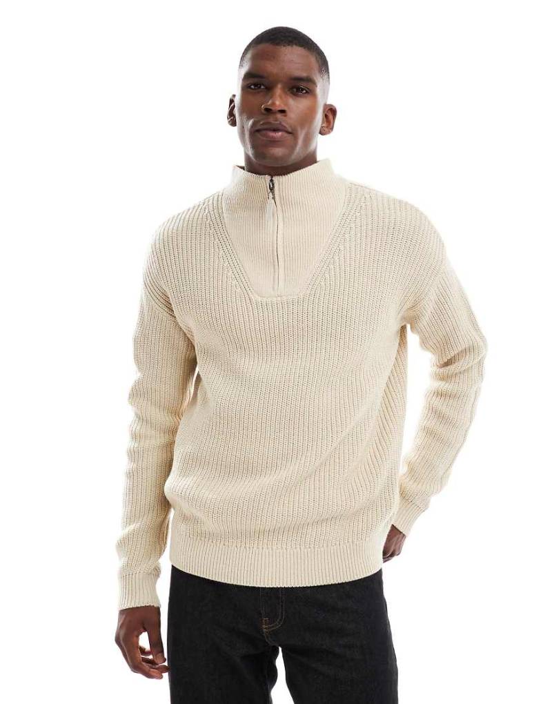 New Look - Strickpullover in Hellbeige mit Patentmuster und kurzem Reißverschluss-Neutral von New Look