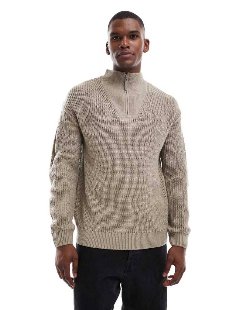 New Look - Strickpullover in Nerzbraun mit Patentmuster und kurzem Reißverschluss-Grau von New Look
