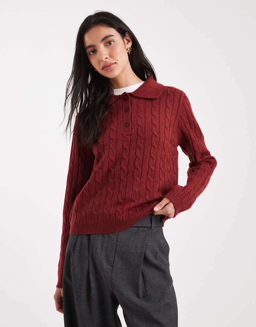 New Look - Strickpullover in Rot mit Polokragen und Zopfmuster von New Look