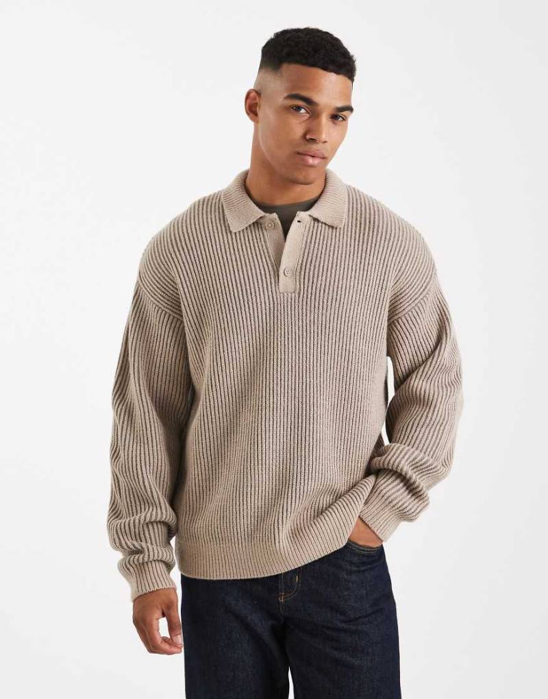 New Look - Strickpullover in zweifarbigem Braun mit Polokragen und Patentmuster-Brown von New Look