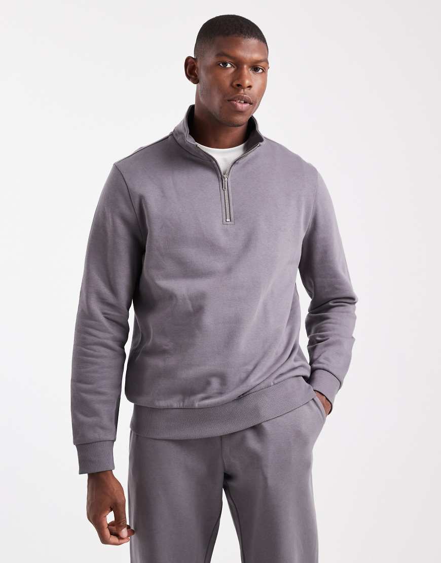 New Look - Sweatshirt in Mittelgrau mit kurzem Reißverschluss und Trichterkragen, 300 g/m² von New Look