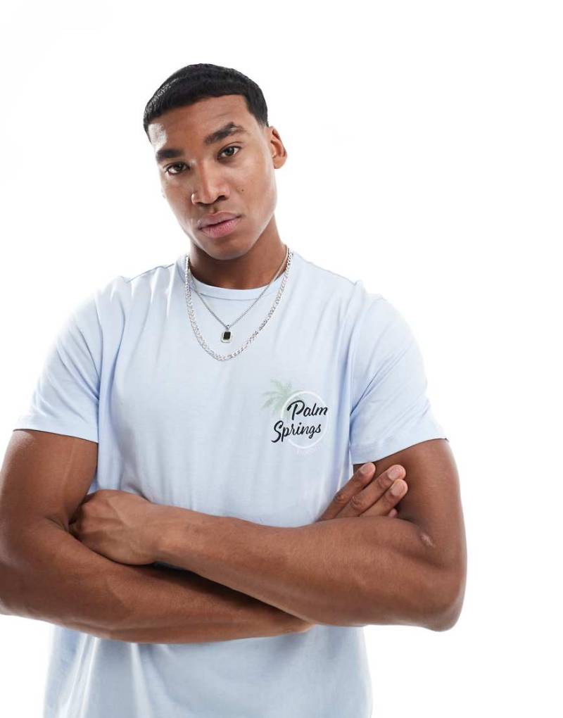 New Look - T-Shirt in Hellblau mit „Palm Springs"-Slogan und Rundhalsausschnitt von New Look
