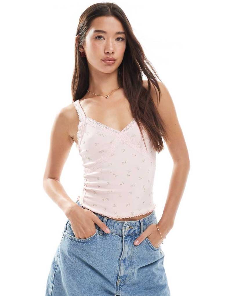 New Look - Trägertop in Rosa mit Blumenmuster und Spitzenbesatz von New Look