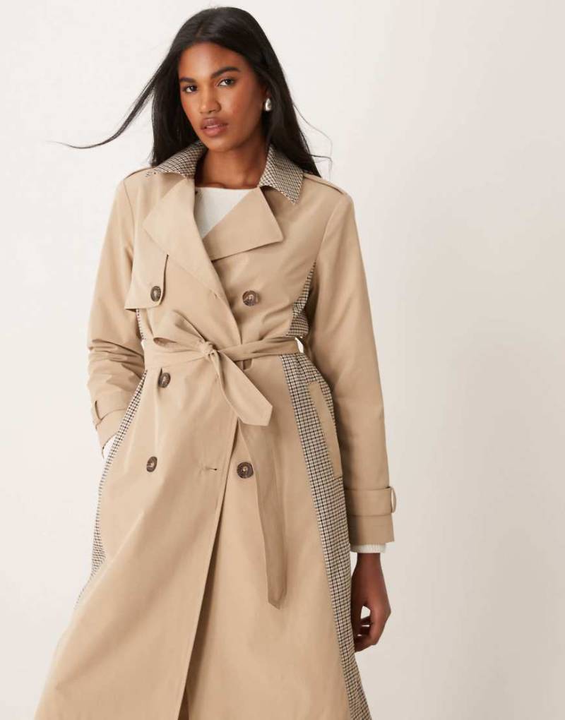 New Look - Trenchcoat in Steinbeige mit Karo-Mustermix-Neutral von New Look