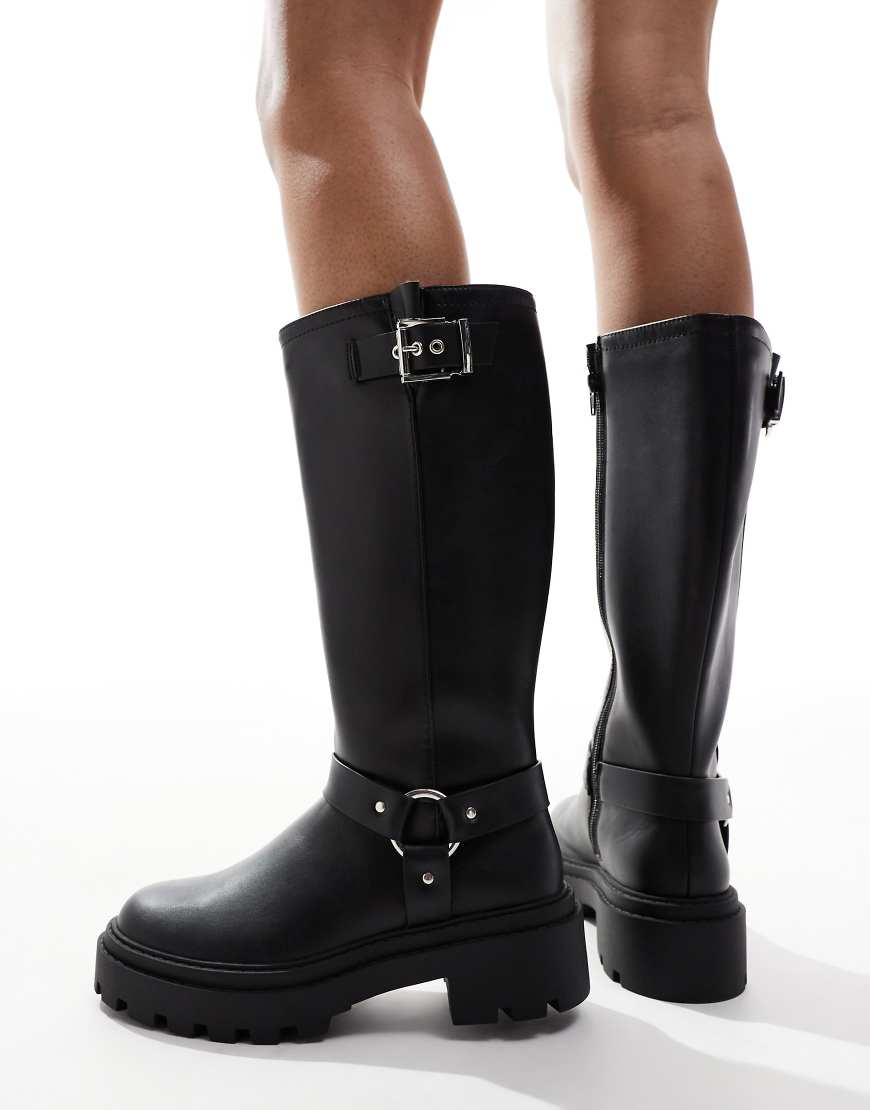 New Look Wide Fit - Kniehohe Stiefel in Schwarz mit sehr weiter Passform und dicker Sohle von New Look
