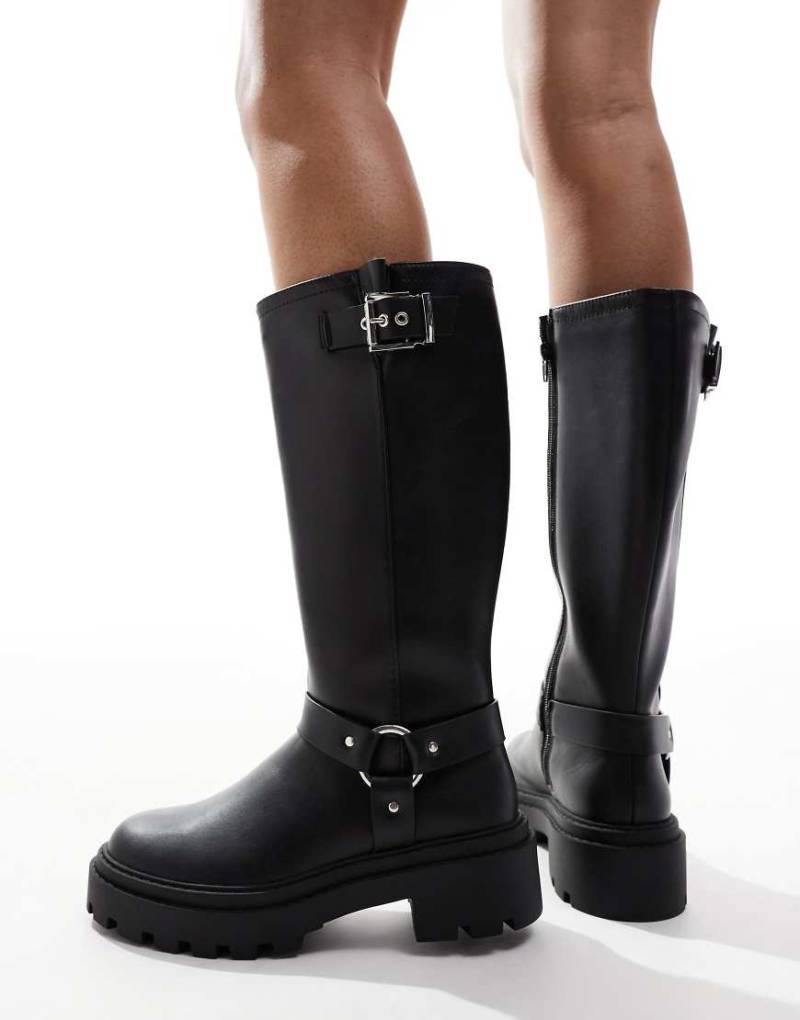 New Look Wide Fit - Kniehohe Stiefel in Schwarz mit sehr weiter Passform und dicker Sohle von New Look