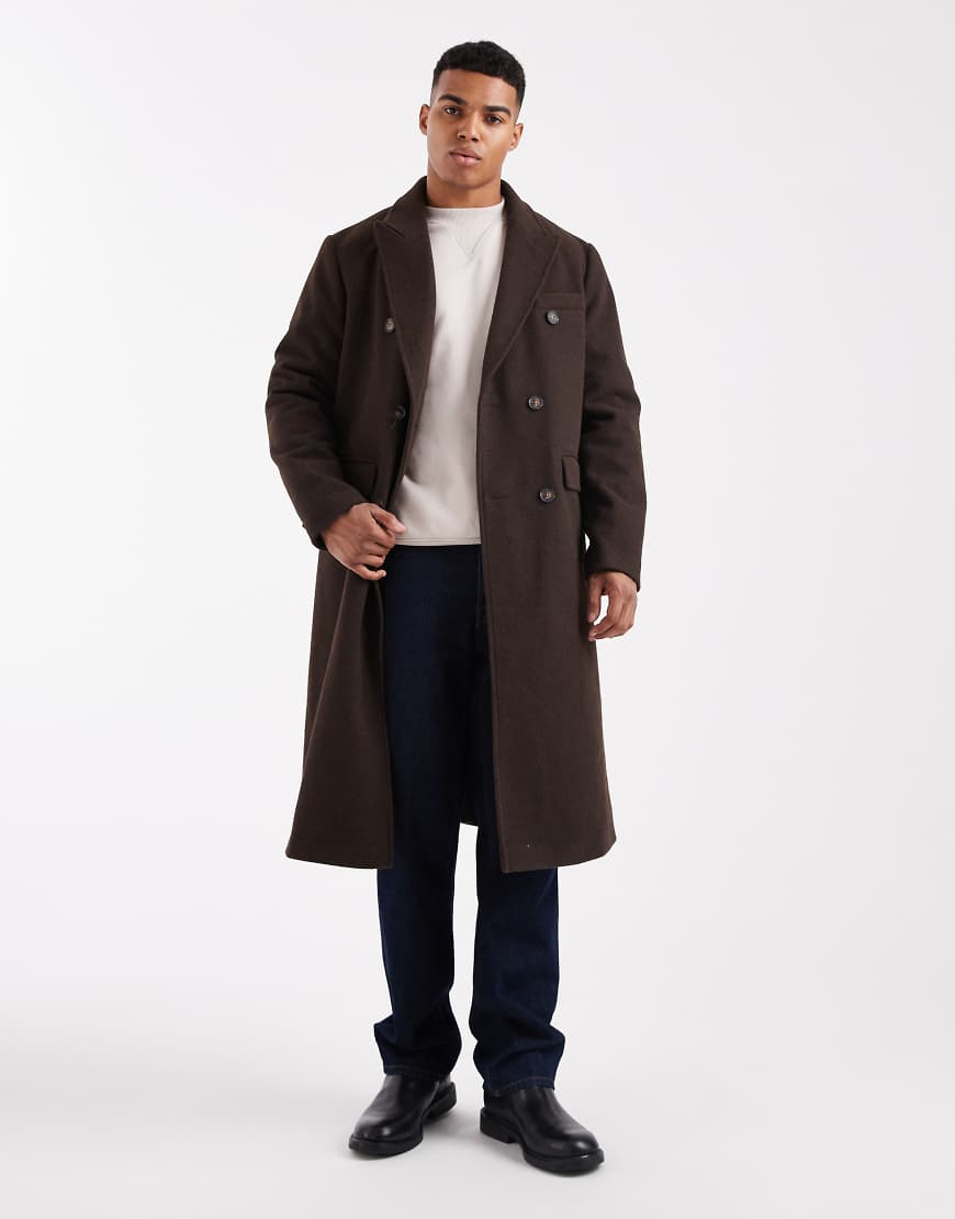 New Look - Zweireihiger Mantel in dunkelbrauner Wolloptik-Brown von New Look