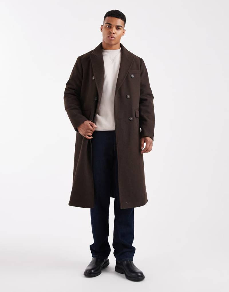 New Look - Zweireihiger Mantel in dunkelbrauner Wolloptik-Brown von New Look