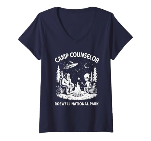 Damen Sarkastischer Sommercamp-Berater Alien National Park Roswell T-Shirt mit V-Ausschnitt von New Mexico UFO Campground Host Staff Sighting Crew