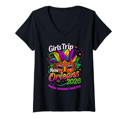 Damen Girls Trip New Orleans 2026 Mardi Gras Maske Perlen Mädchen Damen T-Shirt mit V-Ausschnitt von New Orleans 2026 Mardi Gras Carnival Apparel