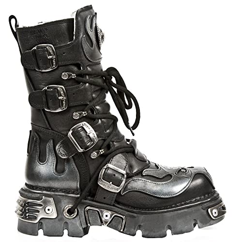 107-S2 Stiefel Schwarz Silber Gothisches Design Lederboots von New Rock