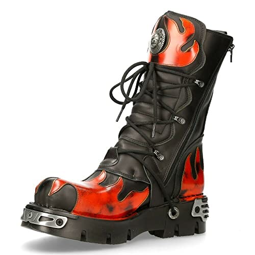 New Rock 591-S1 Stiefel Rotes Flammen Metallisches Schwarzes Leder Gote Punk Biker Fashion 41 von New Rock